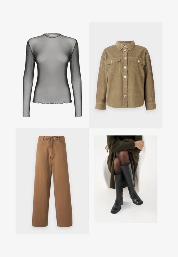 Alavijo žalios spalvos velveto marškinėlių striukė su klasikinėmis apykaklėmis, priekyje užsegama mygtukais, dviem krūtinės kišenėmis ir metaliniais mygtukais. Taksuota medžiaga.; Permatomas ilgomis rankovėmis viršus iš permatomo juodo audinio, su apvaliu iškirpimu ir banguotais kraštais; turi lygią tekstūrą ir lengvą dizainą.; Rudos plačios kojos kelnės, pagamintos iš medvilnės, su raišteliu liemenyje ir dviem priekinėmis kišenėmis. Tekstūruota medžiaga su lygia apdaila.; Juodos odinės pradžios ilgio bateliai su kvadratu formos nosimi ir bloko kulnu, demonstruojami su modeliu, sėdinčiu alyvuogių žalios spalvos švarku. Lygi tekstūra, minimalus puošimas.