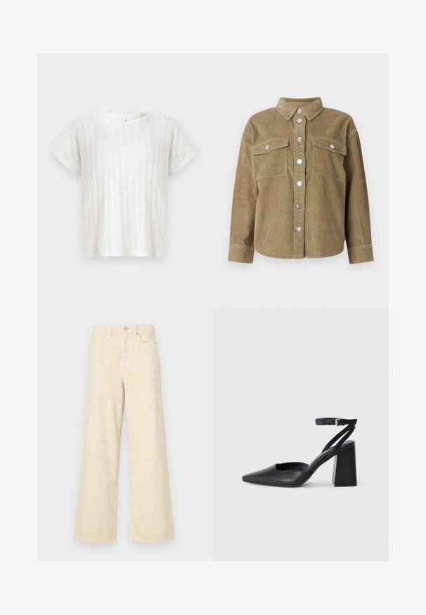 Köögivilja roheline puuvillane šertjakk klassikalise kraega, ees nupuga kinnitamine, kaks rinna taskut ja metallnupud. Tekstuuriga kangas.; Valge lühikeste varrukatega pluus, millel on vertikaalne ribakujundus ja ümmargune kaelus. Lõdva istuvusega. Pehme, kerge kangas. Nähtavat kinnitamist ei ole.; Bežid laiad teksad, mis on valmistatud puuvillast. Omab nööbilukku, vöökohakujusid ja eesmine taskuid, millel on sile ja pehme tekstuur.; Mustmustest must-käigukingad, millel on konksuga nöör ja paks konts. Ühtlane tekstuur, stiilne disain ja minimalistlik esteetika.