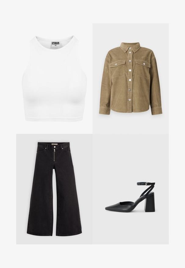 Köögivilja roheline puuvillane šertjakk klassikalise kraega, ees nupuga kinnitamine, kaks rinna taskut ja metallnupud. Tekstuuriga kangas.; Valge ribaga lühike topp, millel on kõrge kaelus ja ilma varrukateta disain. Valmistatud pehmest ja elastsetest kangast, tagades mugava istuvuse.; Laiad teksad mustast denimist, millel on lukuga eesmine osa, viie taskuga disain ja peened õmblusdetailid. Sile tekstuur ja juhuslik stiil.; Mustmustest must-käigukingad, millel on konksuga nöör ja paks konts. Ühtlane tekstuur, stiilne disain ja minimalistlik esteetika.