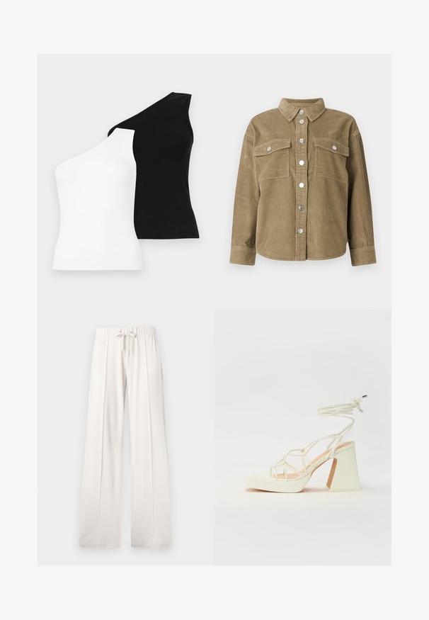 Köögivilja roheline puuvillane šertjakk klassikalise kraega, ees nupuga kinnitamine, kaks rinna taskut ja metallnupud. Tekstuuriga kangas.; Asümmeetrilised tank topid mustas ja valges. Valmistatud soonikust kangast, ühes õlas disain. Sile tekstuur ja vormiv kuju.; Heledad beežid püksid, mis on valmistatud pehmest kangast, millel on paelaga vöökoht, laiad sääred ja vertikaalsed õmblused, lisaks sujuv tekstuur.; Valged kõrge kontsaga sandaalid, millel on paks konts ja rihmadega disain koos pahkluu sidumisega. Sile tekstuur ja platvorm ees, et lisada kõrgust.
