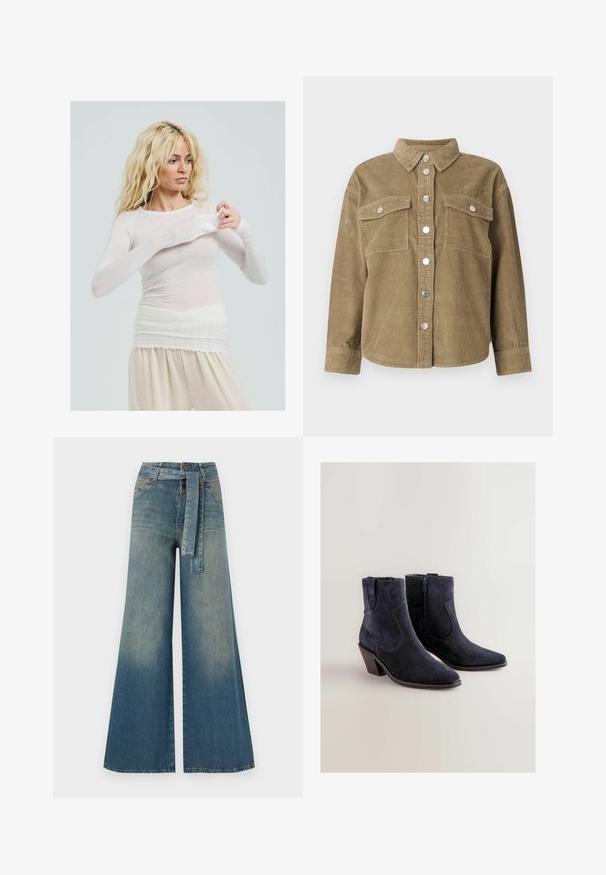 Olivgrünes Wellencordhemd aus Baumwolle mit klassischem Kragen, vorderem Knopfverschluss, zwei Brusttaschen und metallischen Knöpfen. Strukturierter Stoff.; Langärmliges, transparentes weißes Oberteil mit taillierter Passform. Leichter Stoff mit glatter Textur. Das Model passt den Ärmel an und trägt cremefarbene Hosen.; Weit geschnittene Denim-Hosen mit einem Farbverlauf von hellblau zu dunkelblau, hoher Taille, Gürtelschlaufen und einem passenden Stoffgürtel. Strukturierte Denim-Oberfläche.; Schwarze Wildleder-Ankle-Boots mit spitzem Zehenbereich und hohen Blockabsätzen. Verfügt über einen seitlichen Reißverschluss und dekorative Nähte für Details.