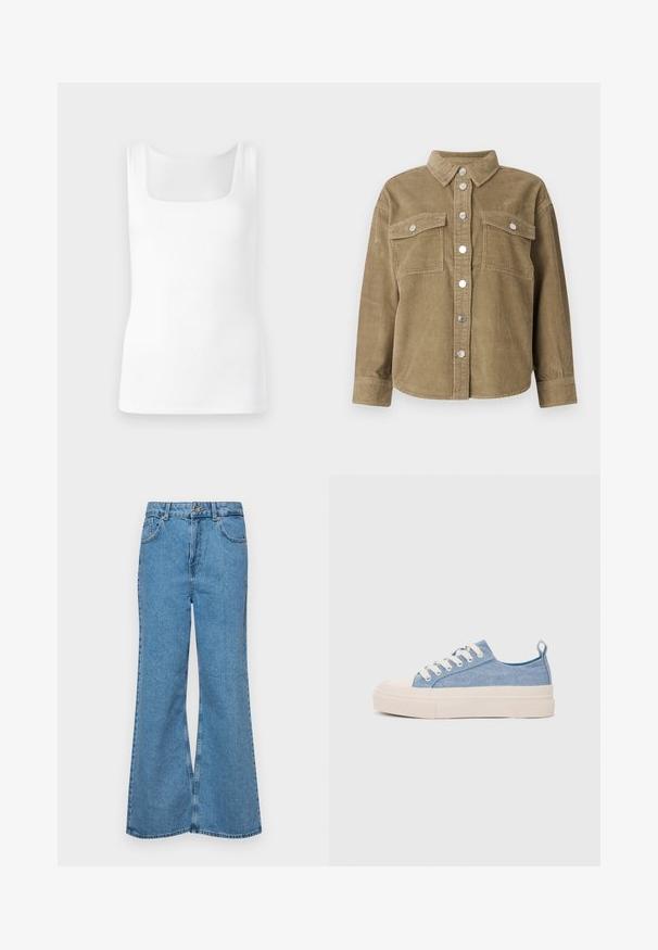 Olīvu zaļš korduroja krekla mētelis ar klasisku apkakli, priekšējo pogu aizdari, divām krūšu kabatām un metāliskām pogām. Tekstūrēts audums.; Balts bez piedurknēm t-krekls ar kvadrātveida dekoltē, izgatavots no gludas, elastīgas auduma, ar pieguļošu siluetu un bez redzamām rakstu vai akcentu detaļām.; Gaiši zili, platā piegriezuma džinsi, kas izgatavoti no denima, ar augstu jostasvietu, piecām kabatām un vienu pogu. Mīksta tekstūra ar nolietotu apdari.; Gaiši zili kanvas sneakeri ar krēmkrāsas gumijas pirksta aizsargu un ārējo zoli, aprīkoti ar baltām šņorēm un cilpu uz papēža.