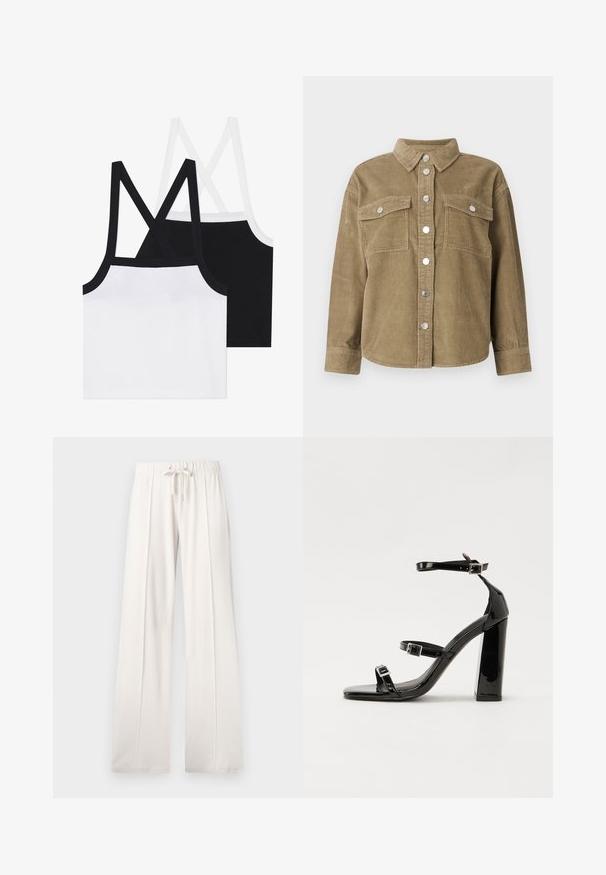 Olivovo zelená kordurová kožená bunda s klasickým golierom, predným zapínaním na gombíky, dvoma náprsníkovými vreckami a kovovými gombíkmi. Textúrovaná tkanina.; Dvoje bavlnených crop topov, jeden biely a jeden čierny, majú krížové popruhy na chrbte a ryhovanú textúru. Každý má kontrastný lem pozdĺž okrajov.; Svetlobéžové tepláky z mäkkej tkaniny s nastaviteľným pásom, širokými nohavicami a vertikálnymi švami, s hladkým povrchom.; Čierne lakované sandále na podpätku so štvorcovou špičkou, navlečenými remienkami okolo členku a striebornými prackami. Disponujú masívnym blokovým podpätkom pre stabilitu.