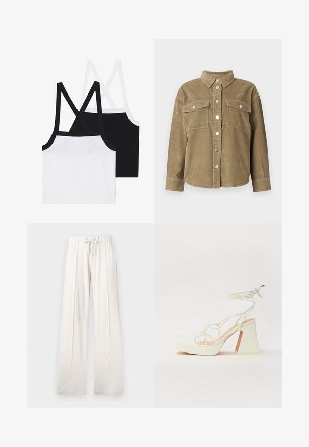 Jachetă din catifea în culoarea verde măsliniu, cu guler clasic, închidere frontala cu butoane, două buzunare la piept și butoane metalice. Material texturat.; Două topuri din bumbac, unul alb și unul negru, au bretele încrucișate pe spate și o textură în dungi. Fiecare are un contur contrastant pe margini.; Pantaloni de trening bej deschis, confecționați dintr-un material moale, având o talie cu șnur, picioare largi și cusături verticale, cu o textură netedă.; Sandale albe cu toc înalt și gros, cu un design cu curele și legătură la gleznă. Textură netedă, cu o platformă frontală pentru înălțime suplimentară.