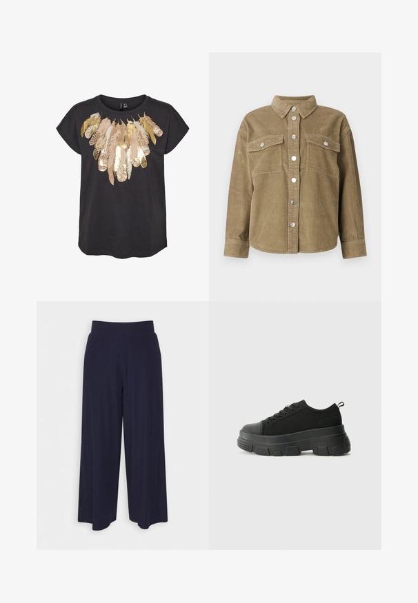 Köögivilja roheline puuvillane šertjakk klassikalise kraega, ees nupuga kinnitamine, kaks rinna taskut ja metallnupud. Tekstuuriga kangas.; Must räbalate särgid, millel on rinnaosa koos sulgedega kujundusega, millel on kuld- ja beežaktsendid. Kerge puuvillane materjal.; Tumed põlvpüksid tumedast meresinisest kangast, millel on sooneline tekstuur. Omab sujuvat vööd ja voolavat siluetti, ulatudes pooleni säärest.; Mustad mustad mustikad, millel on tugev kummist põhi, tekstuuriga kangast pealis, ümar varvas ja seotud disain. Omab tugevdatud silmuseid ja tagumist tõmbeotsta.