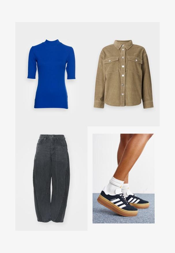 Olīvu zaļš korduroja krekla mētelis ar klasisku apkakli, priekšējo pogu aizdari, divām krūšu kabatām un metāliskām pogām. Tekstūrēts audums.; Sievietes augsta kakla šaura krekliņa ar īsām piedurknēm zilā krāsā, izgatavots no ribota auduma. Tam ir augsts dekoltē un smalkas sānu slits.; Lielas melnas džinsu bikses ar izbalējušu apdari, piecām kabatām, vidukļa pogu aizdari un izšuvumiem priekšpusē un sānos.; Melnas zamšādas sporta kurpes ar baltām svītrām un akcentiem, apaļa purngala daļa, gumijas zole, kopā ar baltām ribotām sporta zeķēm.