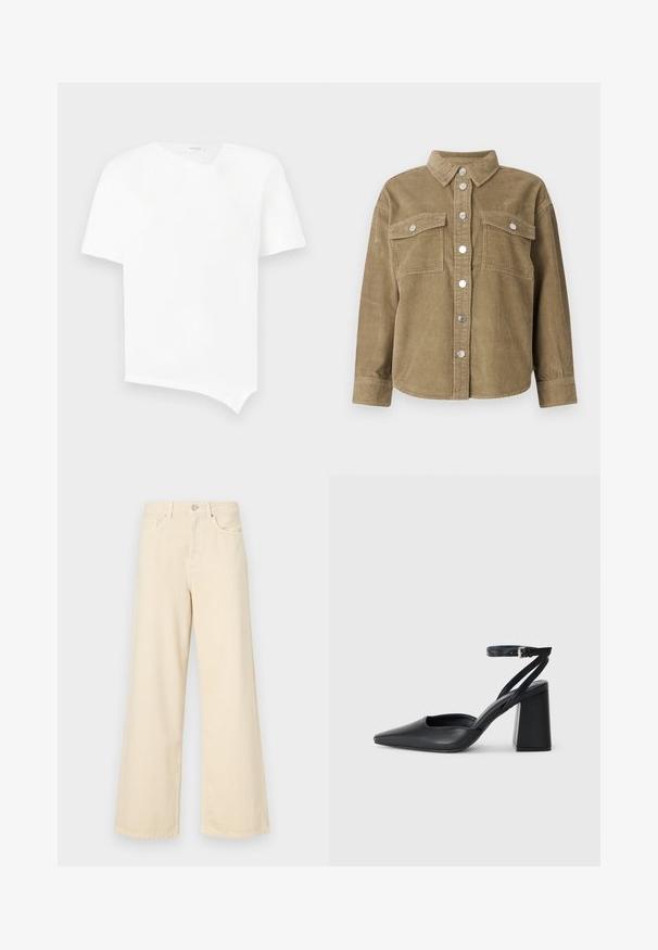 Jachetă din catifea în culoarea verde măsliniu, cu guler clasic, închidere frontala cu butoane, două buzunare la piept și butoane metalice. Material texturat.; Tricou alb cu mânecă scurtă fabricat din bumbac. Prezintă un tiv asimetric și un decolteu ușor în formă de V cu un design fără cusături. Textură netedă.; Blugi bej cu croi larg, din bumbac. Au închidere cu nasture, bucle pentru curea și buzunare frontale, cu o textură netedă și moale.; Pantofii cu toc ascuțit din piele neagră, cu breteaua pentru glezne și toc gros. Textură netedă, design elegant și estetică minimală.