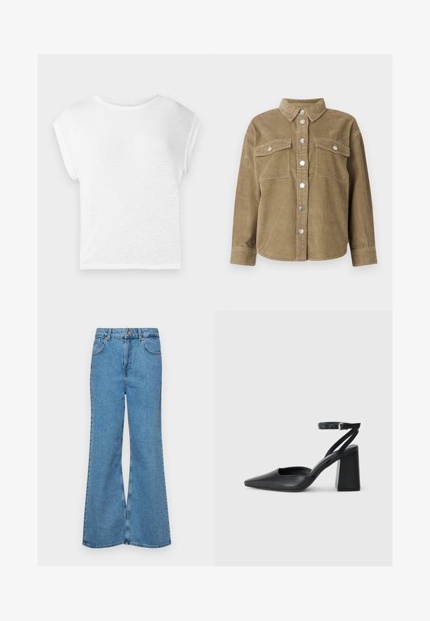 Olíva zöld kordbársony ingdzseki klasszikus gallérral, elől gombos záródással, két mellzsebbel és fémből készült gombokkal. Texturált anyag.; Fehér, rövid ujjú póló kerek nyakkivágással. Puha, könnyű anyag, lazán illeszkedik, vállpántos ujjakkal és egyenes aljjal.; Világoskék, trapézszárú farmernadrág, magas derékkal, öt zsebbel és egy gombos záródással. Puha tapintású, magasított effektusú anyag.; Fekete bőr, hegyes orrú magassarkú cipő boka pánttal és vastag sarokkal. Sima textúra, elegáns dizájn és minimális esztétika.