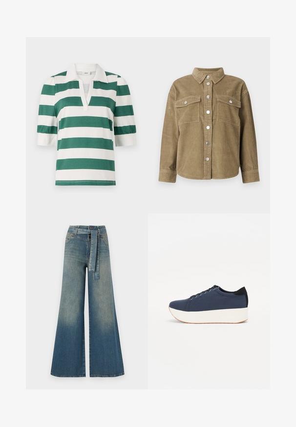 Chaqueta de camisa de pana verde oliva con cuello clásico, cierre de botones en la parte frontal, dos bolsillos en el pecho y botones metálicos. Tejido texturizado.; Camisa polo de rayas verdes y blancas con mangas cortas abullonadas y diseño de escote en V. Fabricada con tela suave y ligera.; Pantalones de mezclilla de pierna ancha con un degradado de azul claro a oscuro, cintura alta, trabillas para cinturón y un cinturón de tela a juego. Acabado de mezclilla texturizada.; Zapatilla de color azul marino con parte superior de tejido texturizado, suela de plataforma blanca, punta redondeada y acento en el talón negro. Cuenta con seis ojales para los cordones.