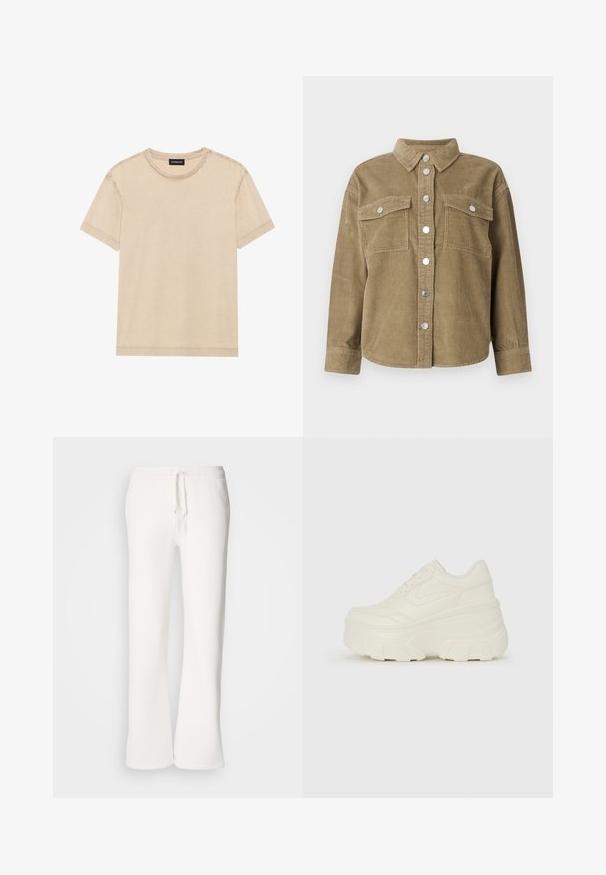 Olive green corduroy shirt jacket with a classic collar, front button closure, two chest pockets, and metallic buttons. Textured fabric.; Short-sleeve beige t-shirt made of soft fabric. Features a round neckline and visible stitching along the edges. Simple and minimalist design.; White, relaxed-fit sweatpants made of soft fabric, featuring an elastic waistband with a drawstring and straight-leg design.; White platform sneakers featuring a smooth leather-like upper, rounded shape, padded collar, and textured rubber sole with defined treads.