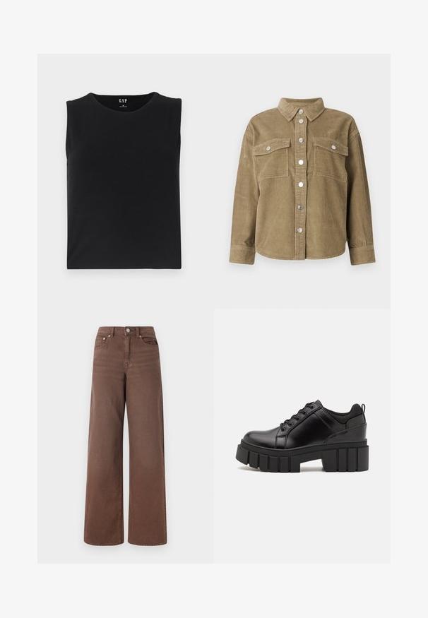 Olive green corduroy shirt jacket with a classic collar, front button closure, two chest pockets, and metallic buttons. Textured fabric.; Black sleeveless top made of soft fabric, featuring a round neckline and straight hem. Minimalistic design without accents or embellishments.; Brown wide-leg jeans with a smooth texture, featuring a button closure, front pockets, and subtle stitching details on seams.; Black leather platform shoes with a chunky block heel, round toe, and traditional lace-up design. Features smooth texture and minimal detailing.