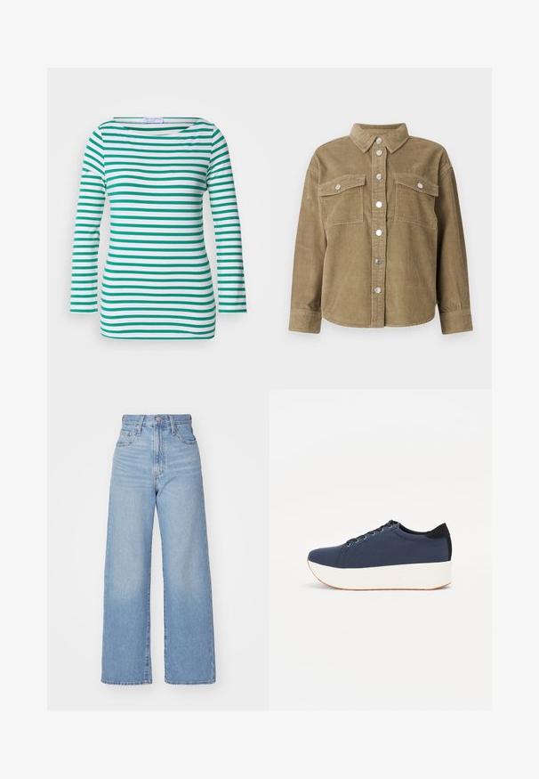 Alavijo žalios spalvos velveto marškinėlių striukė su klasikinėmis apykaklėmis, priekyje užsegama mygtukais, dviem krūtinės kišenėmis ir metaliniais mygtukais. Taksuota medžiaga.; Dryžuota balta ir žalia ilgomis rankovėmis palaidinė, su horizontaliais dryžiais, plačia iškirpte ir prigludusia forma. Minkšta audinio tekstūra.; Šviesiai mėlynos aukšto liemens plačios kojos džinsai su priekiniais užtrauktukais ir sagom, priekinėmis ir galinėmis kišenėmis, ant baltos fono.; Tamsiai mėlynas sportinis batelis su tekstūruotu audiniu viršuje, baltu platformos padu, apvaliu pirštu ir juodu kulno akcentu.š. Yra šešios skylės raišteliams.