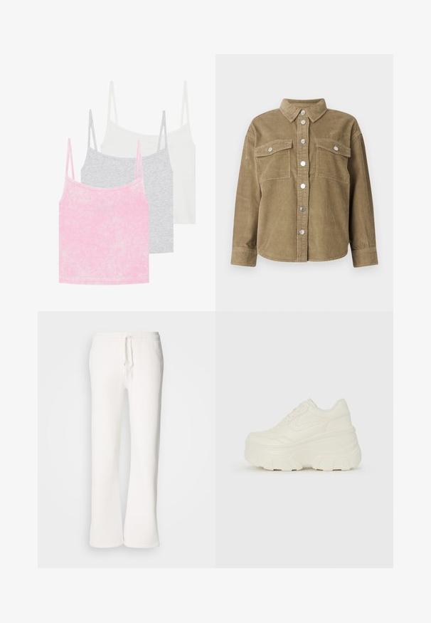 Oliven grønn kordfløyels skjortejakke med klassisk krage, frontlukking med knapper, to brystlommer og metallknapper. Strukturert stoff.; Sett med tre topper i rosa, grått og hvitt. Laget av ribbestrikket stoff med tynne stropper. Hver topp har en rund halslinning.; Hvite, avslappede joggebukser laget av myk stoff, med elastisk liv med snor og rett ben-design.; Hvite plattformsnickers med en glatt læraktig overdel, avrundet form, polstret krage og teksturert gummisåle med tydelige dekk.