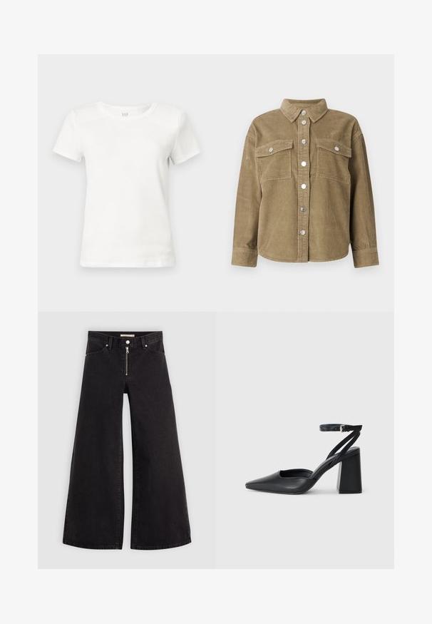 Köögivilja roheline puuvillane šertjakk klassikalise kraega, ees nupuga kinnitamine, kaks rinna taskut ja metallnupud. Tekstuuriga kangas.; Valge puuvillane t-särk, lühikesed varrukad, ümar kaelus, sile tekstuur, sirge lõige, sildid nähtavad krae sees, ei mingeid graafilisi kujundusi ega kaunistusi.; Laiad teksad mustast denimist, millel on lukuga eesmine osa, viie taskuga disain ja peened õmblusdetailid. Sile tekstuur ja juhuslik stiil.; Mustmustest must-käigukingad, millel on konksuga nöör ja paks konts. Ühtlane tekstuur, stiilne disain ja minimalistlik esteetika.