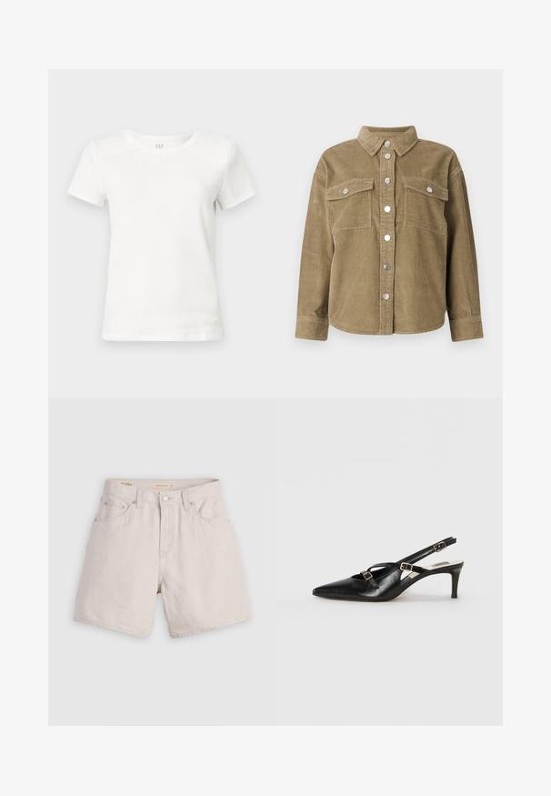 Olivgrünes Wellencordhemd aus Baumwolle mit klassischem Kragen, vorderem Knopfverschluss, zwei Brusttaschen und metallischen Knöpfen. Strukturierter Stoff.; Weißes Baumwoll-T-Shirt, kurze Ärmel, Rundhalsausschnitt, glatte Textur, gerader Schnitt, Etiketten im Kragen sichtbar, keine grafischen Designs oder Verzierungen.; Hochtaillierte beigen Denim-Shorts mit einer geknöpften Vorderseite, Gürtelschlaufen und einem Fünf-Taschen-Design; leicht mit einer glatten Textur.; Schwarze Leder-Slingback-Schuh mit spitzem Zehenbereich, ausgestattet mit dünnen Riemen und metallischen Schnallen, auf einem 6 cm hohen, konischen Absatz. Glatte Textur.