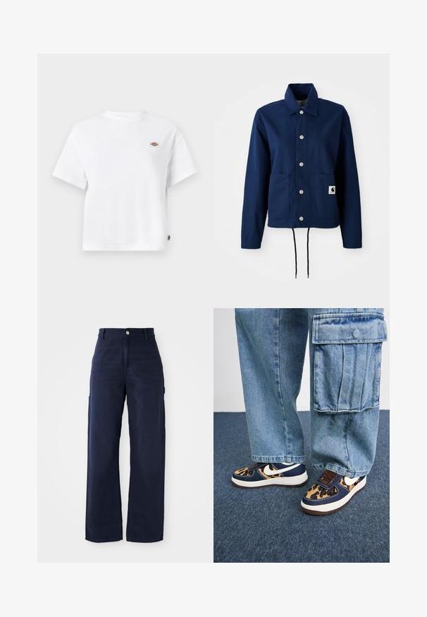 Tumši zils žakets no kokvilnas maisījuma auduma; ar pogu aizdari, divām priekšējām kabatām un regulējamu apakšdaļu. Diskreta zīmola identifikācija apakšējā kabatā.; Balta kokvilnas t-kreklā ar brīvu piegriezumu, kas ietver mazu logo uzlīmi uz krūtīm un birku sānos, lai pievienotu papildu detaļas.; Jūras zilas platās kājas kravas bikses, izgatavotas no izturīgas kokvilnas auduma, ar sānu kabatām un pogu aizdari viduklī.; Tumši zili sporta apavi ar leoparda raksta akcentiem, baltu Nike swoosh, brūnām šņorēm un baltu starpsoļu daļu. Saskaņoti ar gaišiem denim cargo biksēm.