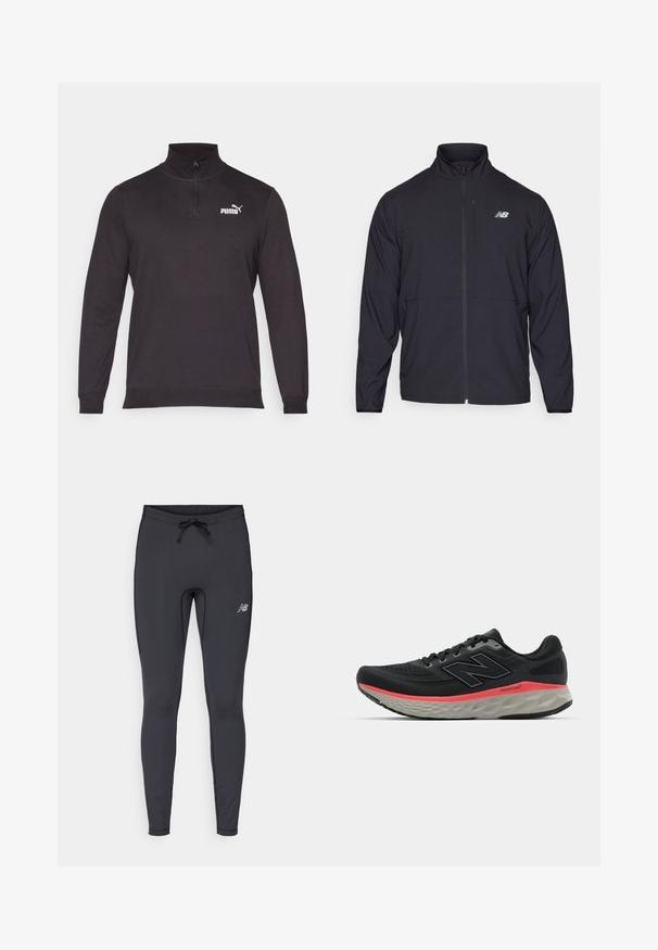 Černá zipová bunda s vysokým límcem, vyrobena z lehkého materiálu a s dlouhými rukávy. Obsahuje malé, reflexní logo na levé hrudi.; Černý pulovrový svetr vyrobený z pletené látky, s polozipem, dlouhými rukávy a bílým logem Puma na levé hrudi.; Černé sportovní legíny vyrobené z elastického materiálu. Disponují elastickým pasem se šňůrkou a malým reflexním logem na pravém stehně.; Černá běžecká obuv s síťovinovým svrškem, doplněná růžovým pruhem na mezipodešvi a šedou podrážkou. Obsahuje texturované detaily a flexibilní design podešve.