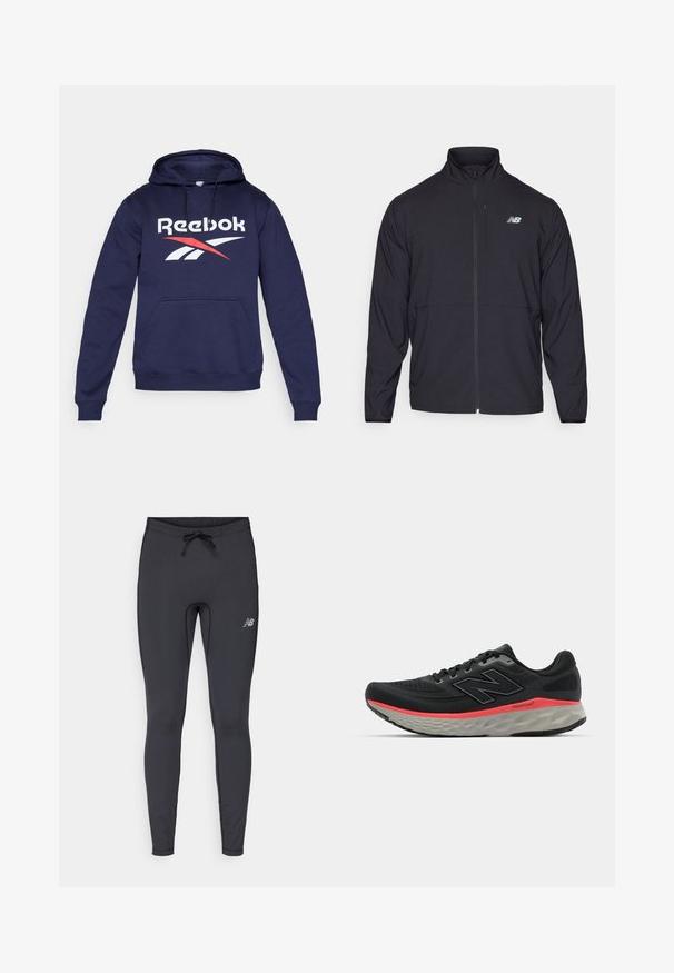 Čierna bunda na zips s vysokým golierom, z ľahkého materiálu a dlhými rukávmi. Obsahuje malé reflexné logo na ľavej hrudi.; Námornícky hoodie vyrobený z mäkkej tkaniny, s prednou kapsou, sťahovacou kapucňou a veľkým logom Reebok v bielej a červenej farbe.; Čierne atletické legíny vyrobené z elastického materiálu. Majú pás s elastickým šnúrkou a malé reflexné logo na pravej stehne.; Čierne bežecké topánky s vrchom zo sieťoviny, doplnené ružovým pruhom na strednej podrážke a šedou podrážkou. Obsahujú štruktúrované detaily a flexibilný dizajn podrážky.