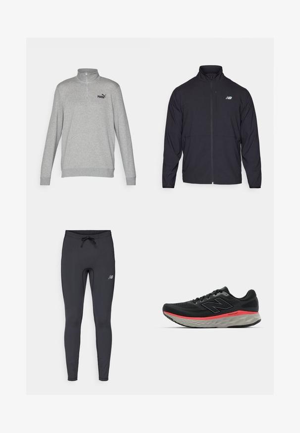 Černá zipová bunda s vysokým límcem, vyrobena z lehkého materiálu a s dlouhými rukávy. Obsahuje malé, reflexní logo na levé hrudi.; Šedá mikina se zipem do poloviny, dlouhými rukávy a žebrovanými manžetami. Na levé části hrudi se nachází malé černé logo Puma. Měkká textura.; Černé sportovní legíny vyrobené z elastického materiálu. Disponují elastickým pasem se šňůrkou a malým reflexním logem na pravém stehně.; Černá běžecká obuv s síťovinovým svrškem, doplněná růžovým pruhem na mezipodešvi a šedou podrážkou. Obsahuje texturované detaily a flexibilní design podešve.