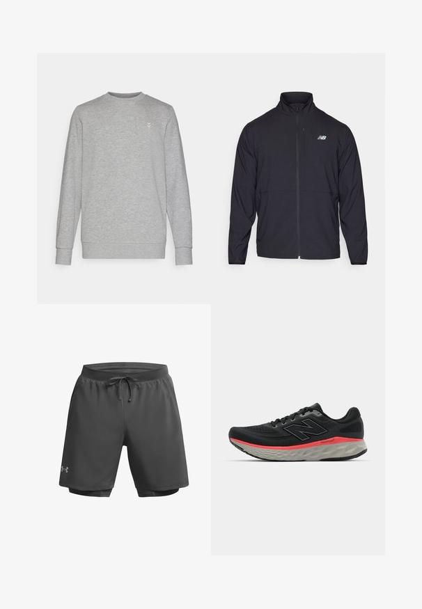 Black zip-up jacket with a high collar, lightweight fabric, and long sleeves. Features a small, reflective logo on the left chest.; Gray sweatshirt featuring a crew neck, long sleeves, and a subtle logo on the chest. Made of soft cotton blend material with ribbed cuffs.; Dark gray athletic shorts with an elastic waistband, adjustable drawstring, and inner mesh lining; features subtle branding on the left leg.; Black running shoe with mesh upper, accented by a pink midsole stripe and grey outsole. Features textured details and a flexible sole design.