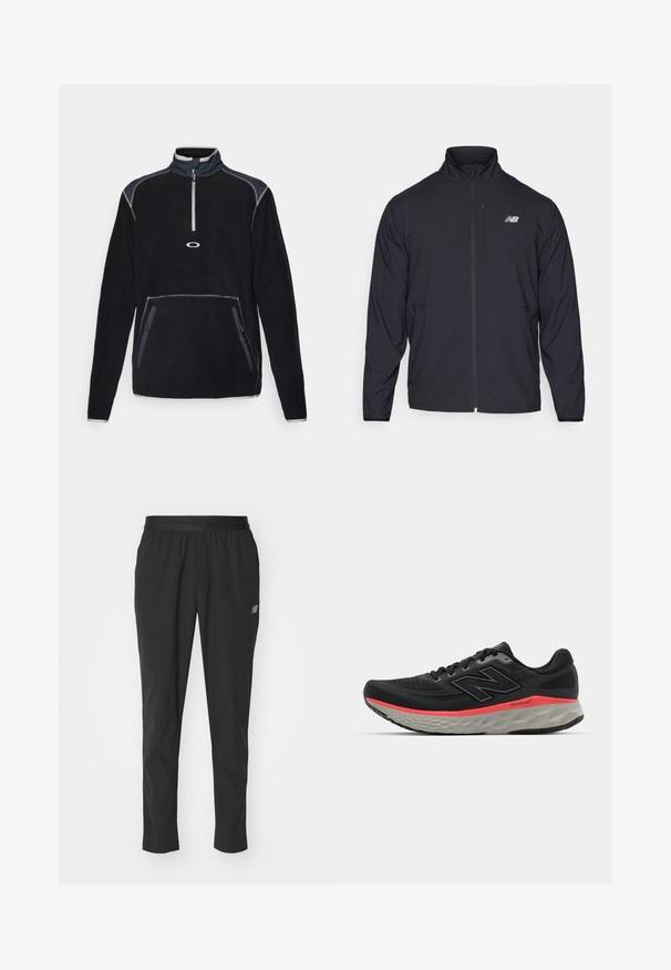 Giacca nera con zip e colletto alto, in tessuto leggero e maniche lunghe. Presenta un piccolo logo riflettente sul lato sinistro del petto.; Pullover in felpa nero con colletto alto, zip frontale a metà, due tasche laterali e cuciture a contrasto in grigio e accenti blu navy.; Pantaloni sportivi neri realizzati in materiale leggero, con una vita elastica, design affusolato e un discreto dettaglio del logo sul lato.; Scarpa da corsa nera con tomaia in mesh, accentuata da una striscia rosa nella suola intermedia e una suola grigia. Presenta dettagli testurizzati e un design della suola flessibile.