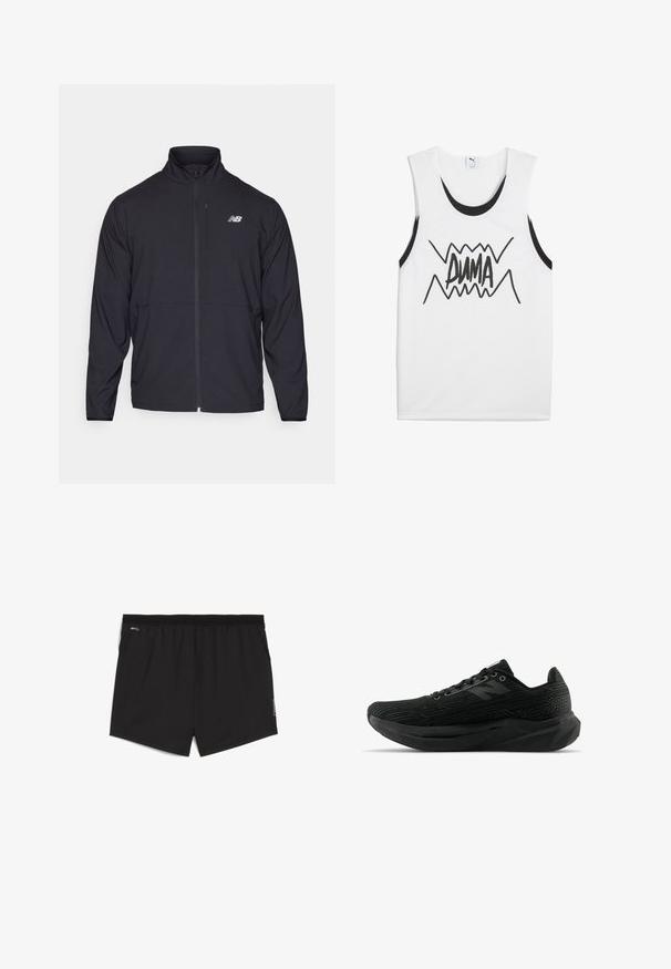 Melnā jaku ar rāvējslēdzēju, augstu apkakli, vieglu audumu un garām piedurknēm. Uz kreisā krūts ir neliels atstarojošs logos.; Balts bez piedurknēm T-krekls ar melniem akcentiem, centrā ar izteiksmīgu melnu "PUMA" grafiku, kas satur zigzaga dizainu.; Melnas sporta bikses ar elastīgu jostu, izgatavotas no mitrumu aizturoša materiāla. Satur nelielu logo un smalku rakstu sānos.; Melnas sporta kurpes ar teksturētu augšdaļu, piedāvājot elegantu dizainu, saites aizdari un biezāku protektora zoli uzlabotai saķerei.