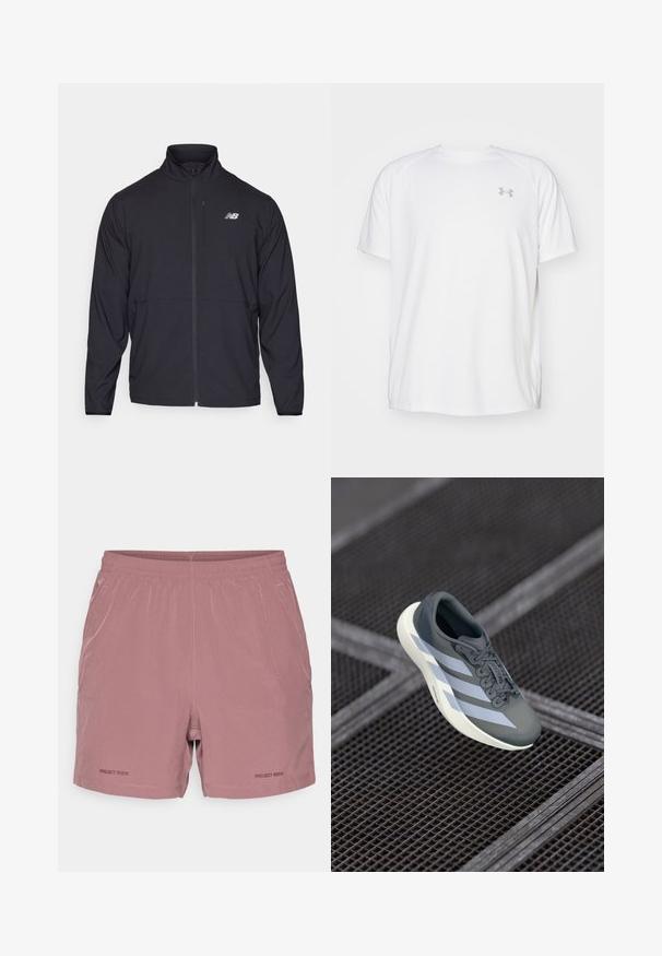 Svart jakke med glidelås og høy krage, lett stoff og lange ermer. Har en liten, reflekterende logo på venstre bryst.; Hvit treningstopp med korte ermer laget av glatt stoff. Har rund hals og grått logo på venstre bryst, med sidesplitter i kanten.; Lyserøde treningsshorts med elastisk midje, minimale sømdetaljer, og "PROJECT ROCK" logo trykket på nederste venstre side.; Sportsko leketøy i grått og hvitt, laget av syntetisk materiale, med et strømlinjeformet design, teksturert overflate og fremtredende snøresystem.