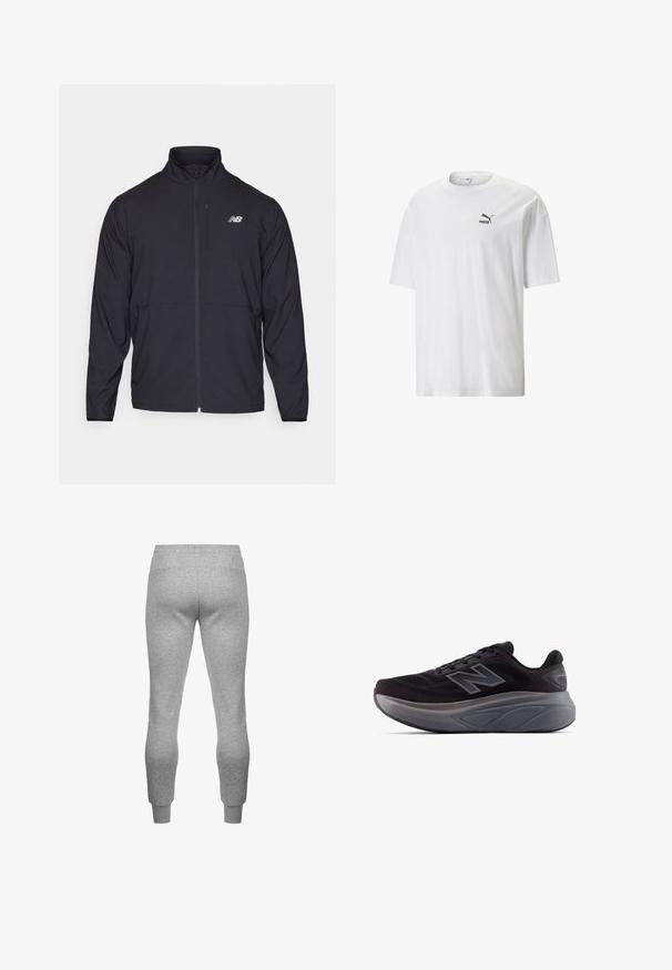 Black zip-up jacket with a high collar, lightweight fabric, and long sleeves. Features a small, reflective logo on the left chest.; White cotton T-shirt with a round neckline and short sleeves. Features a small black Puma logo on the left chest. Smooth texture, casual fit.; Gray sweatpants with an elastic waistband and fitted cuffs, made of soft fabric, featuring a smooth texture and no visible patterns.; Black athletic shoe with a textured upper, reinforced heel, and a thick gray sole. Features a prominent "N" logo.