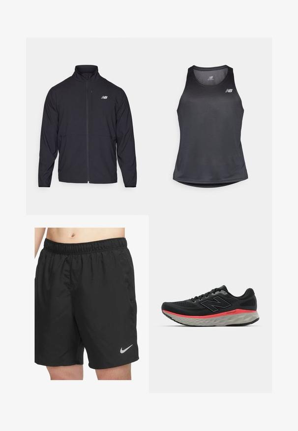 Svart jakke med glidelås og høy krage, lett stoff og lange ermer. Har en liten, reflekterende logo på venstre bryst.; Svart treningstopp i fukttransporterende stoff, med rund hals og subtil ribbestruktur, og med en hvit logo på brystet.; Svarte treningsshorts laget av lett materiale, med elastisk livline og en liten grå Nike-logo nederst til høyre.; Svarte joggesko med mesh-overdel, accentuert av en rosa mellomsålestripe og grå yttersåle. Har teksturerte detaljer og et fleksibelt såledesign.