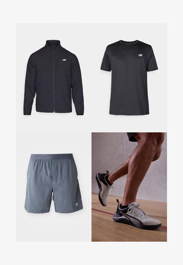 Chaqueta negra con cremallera y alto cuello, de tejido ligero y mangas largas. Presenta un pequeño logo reflectante en el lado izquierdo del pecho.; New Balance Camiseta deportiva - black; Pantalones cortos deportivos para hombre en gris oscuro, hechos de material ligero. Tienen una cintura elástica y un pequeño logotipo en la parte inferior de la pierna.; Puma FUSE 3.0 - Zapatillas de entrenamiento - vapor gray/mars red/black