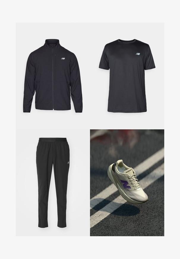 Black zip-up jacket with a high collar, lightweight fabric, and long sleeves. Features a small, reflective logo on the left chest.; New Balance Sports T-shirt - black; Black athletic pants made of lightweight material with an elastic waistband, tapered design, and subtle logo detail on the side.; Light cream running shoe with purple logo. Features textured upper, laces, and cushioned sole. Elevated design with a pronounced heel.