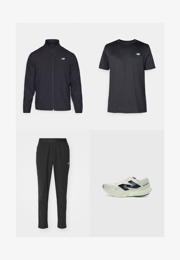 Zwarte zip-up jack met een hoge kraag, lichtgewicht stof en lange mouwen. Heeft een klein, reflecterend logo op de linker borst.; New Balance Sport T-shirt - black; Zwarte sportieve broek van lichtgewicht materiaal met een elastische tailleband, een taps toelopend ontwerp en een subtiele logodetail aan de zijkant.; Witte hardloopschoen met een doorzichtige mesh bovenkant, marineblauwe accenten en een lichtgroene tussenzool. Bevat een gevoerde zool voor comfort.