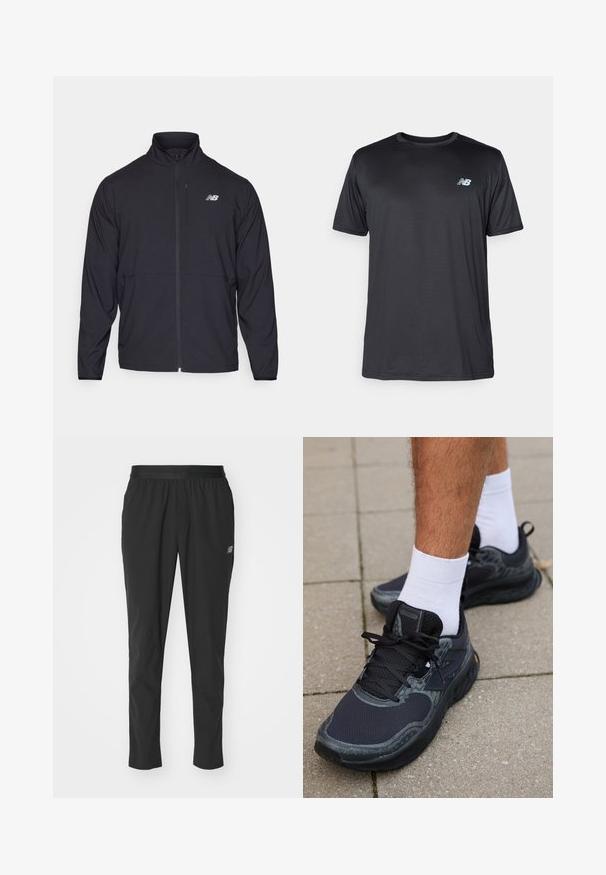 Veste noire zippée avec un col montant, en tissu léger et à manches longues. Présente un petit logo réfléchissant sur la poitrine gauche.; New Balance T-shirt de sport - black; Pantalons de sport noirs en matériau léger avec une taille élastique, un design fuselé et un logo discret sur le côté.; New Balance FRESH FOAM X HIERRO V8 - Chaussures de running - black