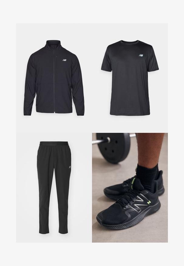 Fekete cipzáras dzseki magas gallérral, könnyű anyagból és hosszú ujjakkal. Kicsi, fényvisszaverő logo található a bal mellen.; New Balance Sportfelső - black; Fekete sportnadrág könnyű anyagból, rugalmas derékpánttal, szűkített fazonnal és diszkrét logóval az oldalon.; Fekete sportcipők, hálós és szintetikus anyagokból, fényvisszaverő részletekkel és texturált tapadású gumitalppal.