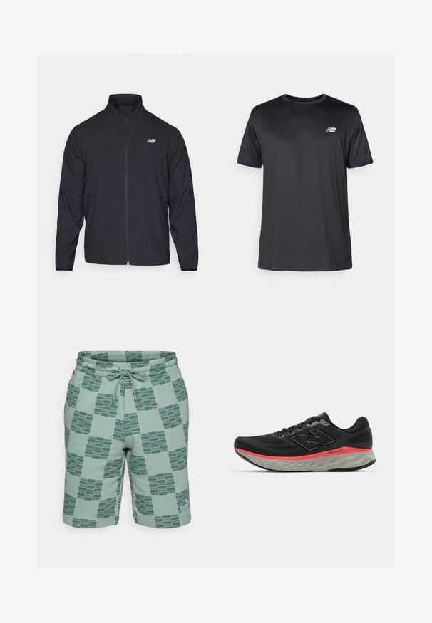 Μαύρο μπουφάν με φερμουάρ και ψηλό γιακά, ελαφρύ ύφασμα και μακριά μανίκια. Διαθέτει ένα μικρό, ανακλαστικό λογότυπο στο αριστερό στήθος.; New Balance Αθλητικό μπλουζάκι - black; Πράσινα κοντά σορτς με λογότυπα σε επαναλαμβανόμενο σχέδιο, ελαστική μέση με κορδόνι και πλαϊνές τσέπες. Μαλακό ύφασμα με casual σχέδιο.; Μαύρο αθλητικό παπούτσι με πλέγμα στην πάνω πλευρά, διακοσμημένο με ροζ λωρίδα στη μέση και γκρι εσώτερο. Διαθέτει υφασματοποιημένες λεπτομέρειες και ευέλικτο σχέδιο σόλας.