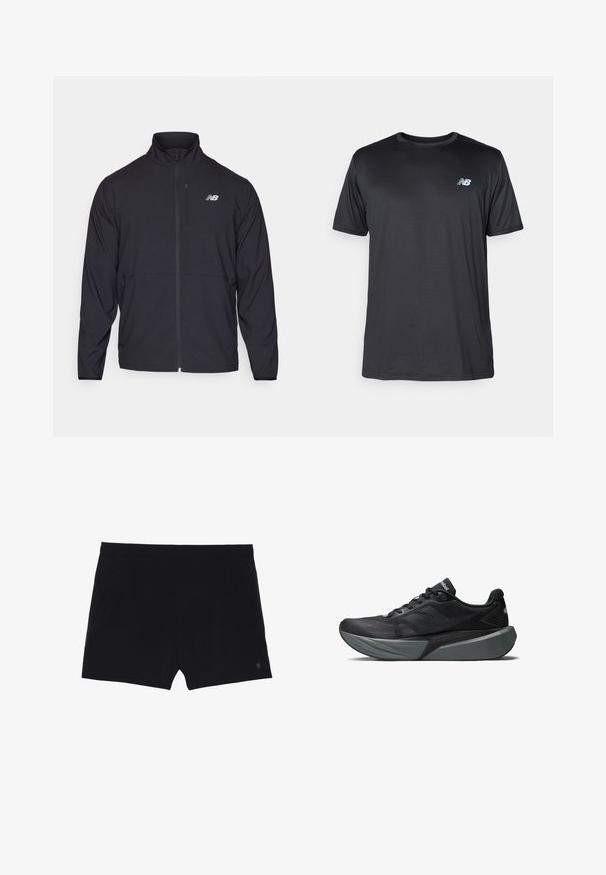 Juoda zip-up striukė su aukštu apykakle, lengvos medžiagos ir ilgomis rankovėmis. Yra mažas, atspindintis logotipas kairėje krūtinės pusėje.; New Balance Sportiniai marškinėliai trumpomis rankovėmis - black; Juodi sportiniai šortai su lygiu paviršiumi, elastinga juosta ir dviem šoninėmis kišenėmis. Apykaklėje yra mažas logotipas apatiniame dešiniajame kampe.; Juodas sportinis batelis su tinklo viršumi ir tekstūruotomis detalėmis. Turi storą pilką tarpinį pado sluoksnį ir elegantišką dizainą. Priešingas logotipas šone.