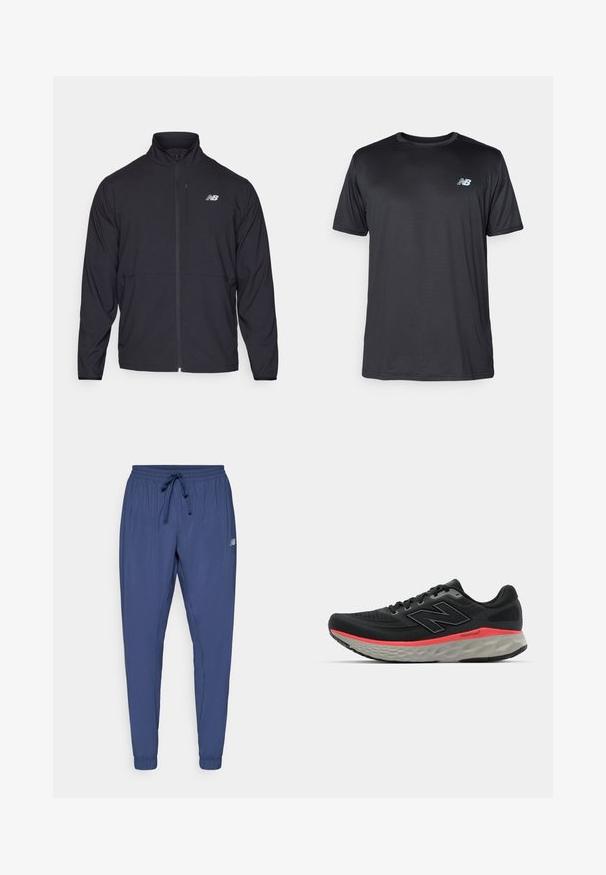 Chaqueta negra con cremallera y alto cuello, de tejido ligero y mangas largas. Presenta un pequeño logo reflectante en el lado izquierdo del pecho.; New Balance Camiseta deportiva - black; Pantalones deportivos azul marino con cinturilla elástica, cordón y puños ajustados. Presenta bolsillos laterales y un pequeño logo en una pierna.; Zapatilla de correr negra con parte superior de malla, acentuada por una franja de media suela rosa y una suela exterior gris. Presenta detalles texturizados y un diseño de suela flexible.