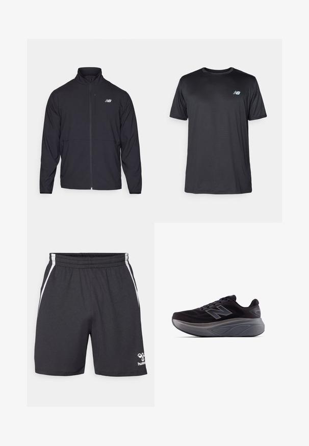 Melnā jaku ar rāvējslēdzēju, augstu apkakli, vieglu audumu un garām piedurknēm. Uz kreisā krūts ir neliels atstarojošs logos.; New Balance Sporta krekli - black; Melnas sportiskas bikses no teksturēta auduma, ar baltām sānu svītrām un logotipu apakšējā labajā stūrī. Elastīgs jostasvads komfortam.; Melnas sporta kurpes ar teksturētu virsu, pastiprinātu papēdi un biezu pelēku zoli. Iezīmēta ar izcilu "N" simbolu.