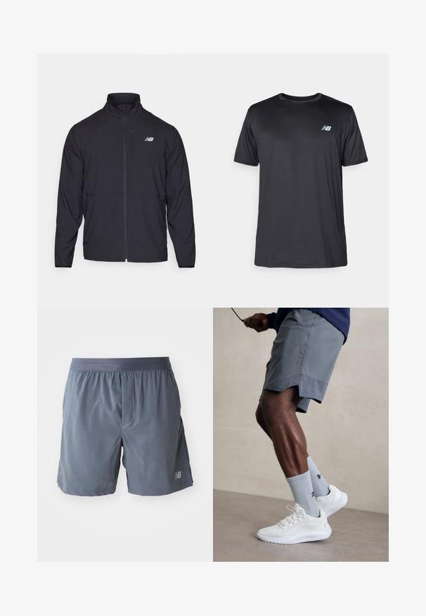 Svart zip-up jacka med hög krage, lättviktsmaterial och långa ärmar. Har en liten, reflexiv logotyp på vänster bröst.; New Balance T-shirt till träning - black; Herrarnas träningsshorts i mörkgrått, tillverkade av lätt material. Har resårmidja och en liten logotyp på det nedre benet.; Vita atletiska skor med texturerad meshöverdela, kombinerat med ljusblå räfflade strumpor med en logotyp. Grå atletiska shorts med perforerad kant.