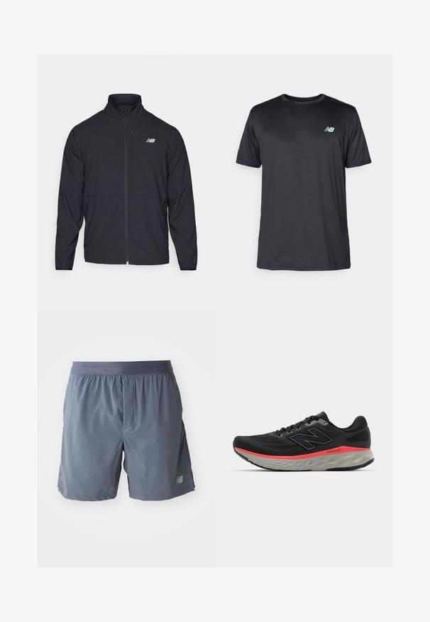 Jachetă neagră cu fermoar, cu guler înalt, dintr-un material ușor și cu mâneci lungi. Dispune de un mic logo reflectorizant pe pieptul stâng.; New Balance Bluză sport - black; Pantaloni scurți atletici pentru bărbați, de culoare gri închis, realizați dintr-un material ușor. Au un talie elastică și un mic logo pe piciorul inferior.; Adidași negri de alergare cu partea superioară din plasă, accentuați de o bandă roz la mijlocul tălpii și o talpă exterioară gri. Prezintă detalii texturate și un design de talpă flexibil.