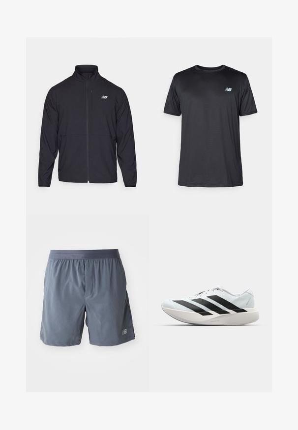 Casaco preto com fecho éclair, colarinho alto, tecido leve e mangas longas. Apresenta um pequeno logótipo refletor no lado esquerdo do peito.; New Balance T-shirt desportiva - black; Calções de desporto masculinos em cinza escuro, feitos de material leve. Apresentam uma cintura elástica e um pequeno logotipo na parte inferior da perna.; Tênis de corrida leves em azul pálido com riscas pretas. Apresentam um cabedal liso, bico redondo e uma entressola espessa branca rotulada como "LIGHTSTRIKE PRO."