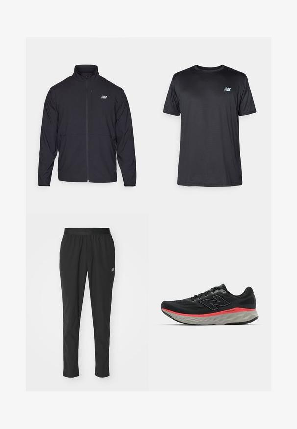 Mustmustaga mustal tõmbluku ja kõrge kaelusega, kerge kangaga ja pikkade varrukatega. Vasakul rinnal on väike peegeldav logo.; New Balance Spordi T-särk - black; Mustad mustikasest kerge materjalist sportlikud püksid, millel on elastne vöökoht, kitsenev disain ja tagasihoidlik logo detail külgedel.; Mustvalge jooksujalats, millel on võrkkangast pealisosa, millele on lisatud roosa vaheosa riba ja hall pohjaplaat. Omab tekstureeritud detaile ja paindlikku talla disaini.