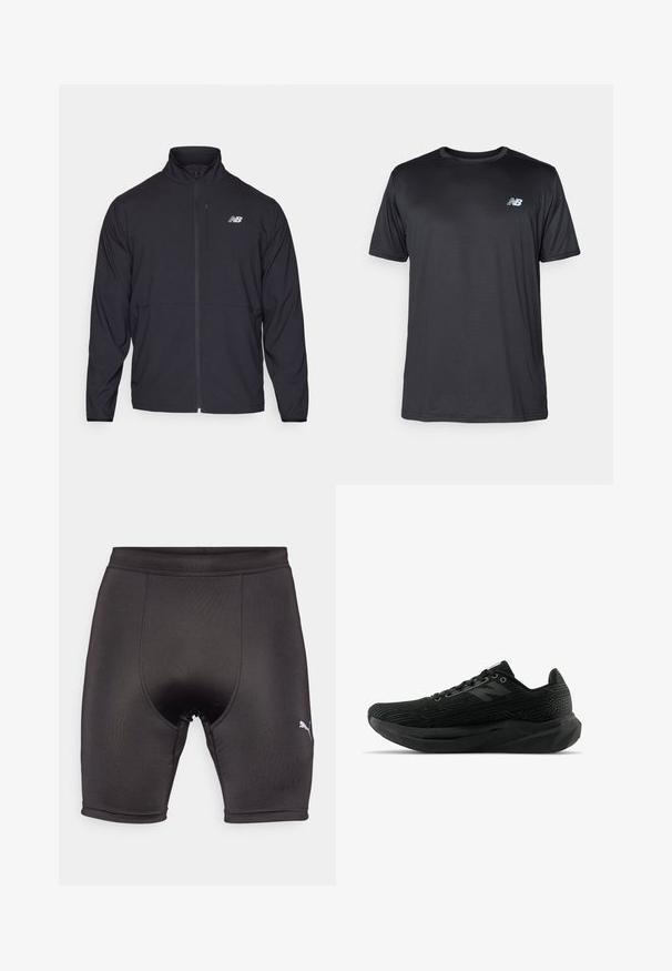 Giacca nera con zip e colletto alto, in tessuto leggero e maniche lunghe. Presenta un piccolo logo riflettente sul lato sinistro del petto.; New Balance T-Shirt sport - black; Pantaloni sportivi neri realizzati in un tessuto liscio e elastico. Presentano un design aderente, cuciture rinforzate e un piccolo logo bianco sul lato sinistro inferiore.; Scarpe sportive nere con tomaia testurizzata, caratterizzate da un design elegante, chiusura con lacci e una suola più spessa con battistrada per una presa migliore.