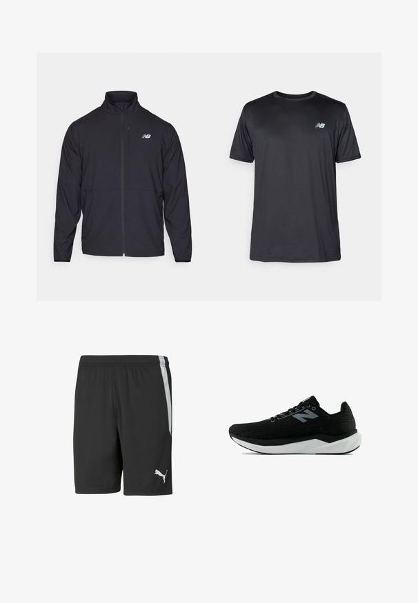 Juoda zip-up striukė su aukštu apykakle, lengvos medžiagos ir ilgomis rankovėmis. Yra mažas, atspindintis logotipas kairėje krūtinės pusėje.; New Balance Sportiniai marškinėliai trumpomis rankovėmis - black; Juodieji sportiniai šortai, pagaminti iš lengvos medžiagos, su balta šonine juostele ir balta Puma logotipu apatiniame kairiajame priekyje.; Juodas sportinis batai su tekstūruota trikotažo viršutine dalimi, balta vidurine dalimi ir juodu padu. Turi raištelių uždarymą ir šoninį logotipo detalę.