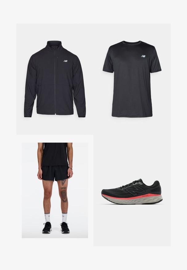 Juoda zip-up striukė su aukštu apykakle, lengvos medžiagos ir ilgomis rankovėmis. Yra mažas, atspindintis logotipas kairėje krūtinės pusėje.; New Balance Sportiniai marškinėliai trumpomis rankovėmis - black; Juodi sportiniai šortai su laisvu siluetu, derinami su juodu marškinėliu ir juodais sportbačiais. Pastebimi tatuiruotės ant apatinių kojų.; Juoda bėgimo batelis su tinklelio viršumi, akcentuotas rožiniu vidiniu padų juosta ir pilku padu. Yra tekstūruoti detalės ir lankstus pado dizainas.