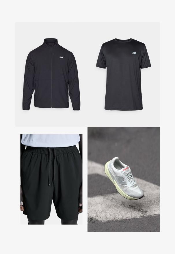 Fekete cipzáras dzseki magas gallérral, könnyű anyagból és hosszú ujjakkal. Kicsi, fényvisszaverő logo található a bal mellen.; New Balance Sportfelső - black; Fekete sportnadrág rugalmas derékrésszel és húzózsinórral. Simább textúrával és oldalsó zsebekkel rendelkezik, kényelmes és mozgékony viselet érdekében.; Könnyű futócipő fehér hálós felsőrésszel, sárga középtalppal és szürke akcentusokkal. Jellemzője a feltűnő "N" logó és a texturált felület.