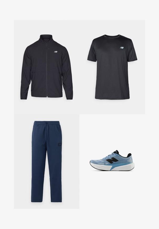 Črna jopica na zadrgo z visokim ovratnikom, lahkotna tkanina in dolgi rokavi. Ima majhen, odsevni logo na levem prsnem delu.; New Balance Športne majice - black; Temno modri jogger hlače iz mehkega bombažnega materiala, z elastičnim pasom s širjenjem in majhnim oznako blagovne znamke na boku.; Svetlo modra športna obutev z črnim logotipom, debelim belim podplatom in črnim notranjim obložkom, prikazana s strani na belem ozadju.