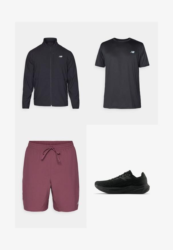 Svart jakke med glidelås og høy krage, lett stoff og lange ermer. Har en liten, reflekterende logo på venstre bryst.; New Balance T-skjorte til trening - black; Bordeaux badebukser laget av lett materiale, med elastisk midje og snøring. Liten logodetalj på undersiden.; Svart atletisk sko med teksturert overdel, som har et strømlinjeformet design, snøring og en tykkere såle med mønster for bedre grep.