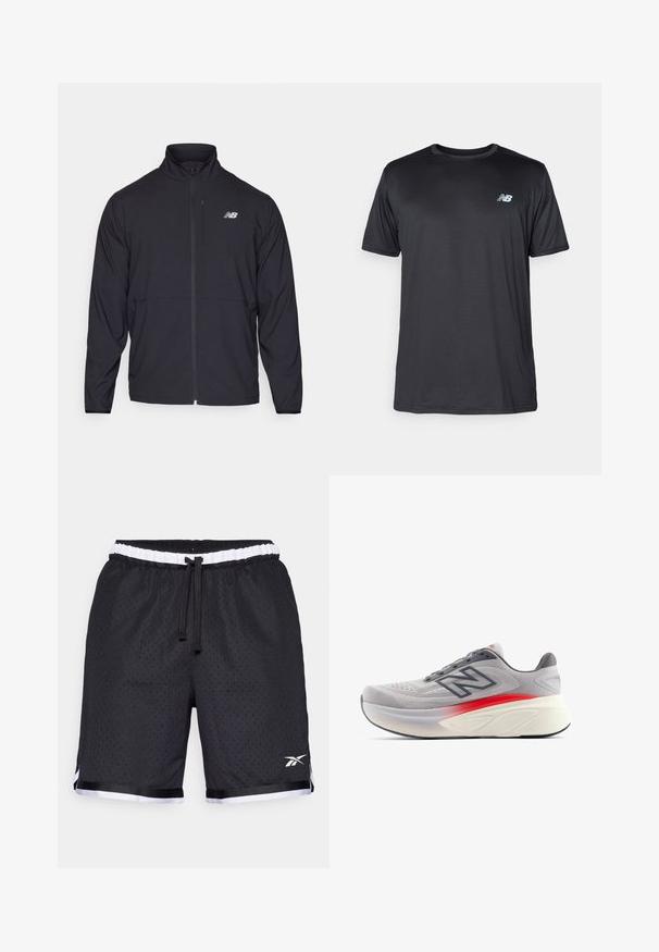 Mustmustaga mustal tõmbluku ja kõrge kaelusega, kerge kangaga ja pikkade varrukatega. Vasakul rinnal on väike peegeldav logo.; New Balance Spordi T-särk - black; Mustmust mustrümped lühiin spordilühiks, millel on tekstuuriga pind, elastne vöökoht, must string ja valged detailid hemil ning logo.; Heledhall hallitus hallikas treeningjalanõud, millel on hingav võrkülemus, kontrastsete punaste aktsentidega, pehme talla ja ümmargune varvas toestuseks.