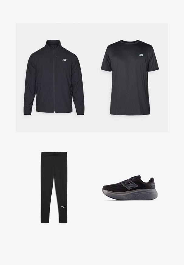 Črna jopica na zadrgo z visokim ovratnikom, lahkotna tkanina in dolgi rokavi. Ima majhen, odsevni logo na levem prsnem delu.; New Balance Športne majice - black; Črne legice iz raztegnljive tkanine, ki imajo širok pas in stranske žepke. Bele logotip je prikazan blizu gležnja.; Črne športne čevlje z teksturiranim zgornjim delom, ojačano peto in debelim sivim podplatom. Imajo izrazit logotip "N".